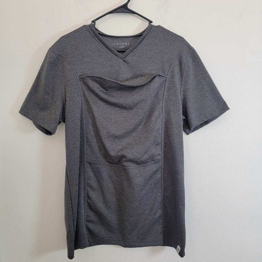 Lalabu Dad Shirt Baby Pouch T-Shirt Mens Large Charcoal Gray V-Neck EUC